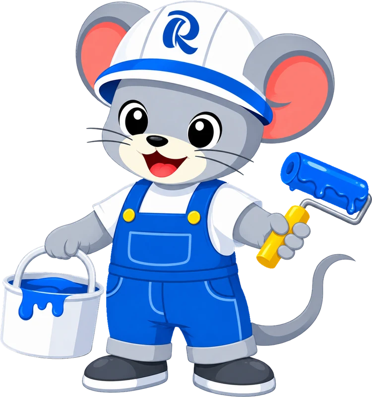 Rカラーペイントのキャラクター チュータくん(青いペンキとローラーを持ったねずみ)
