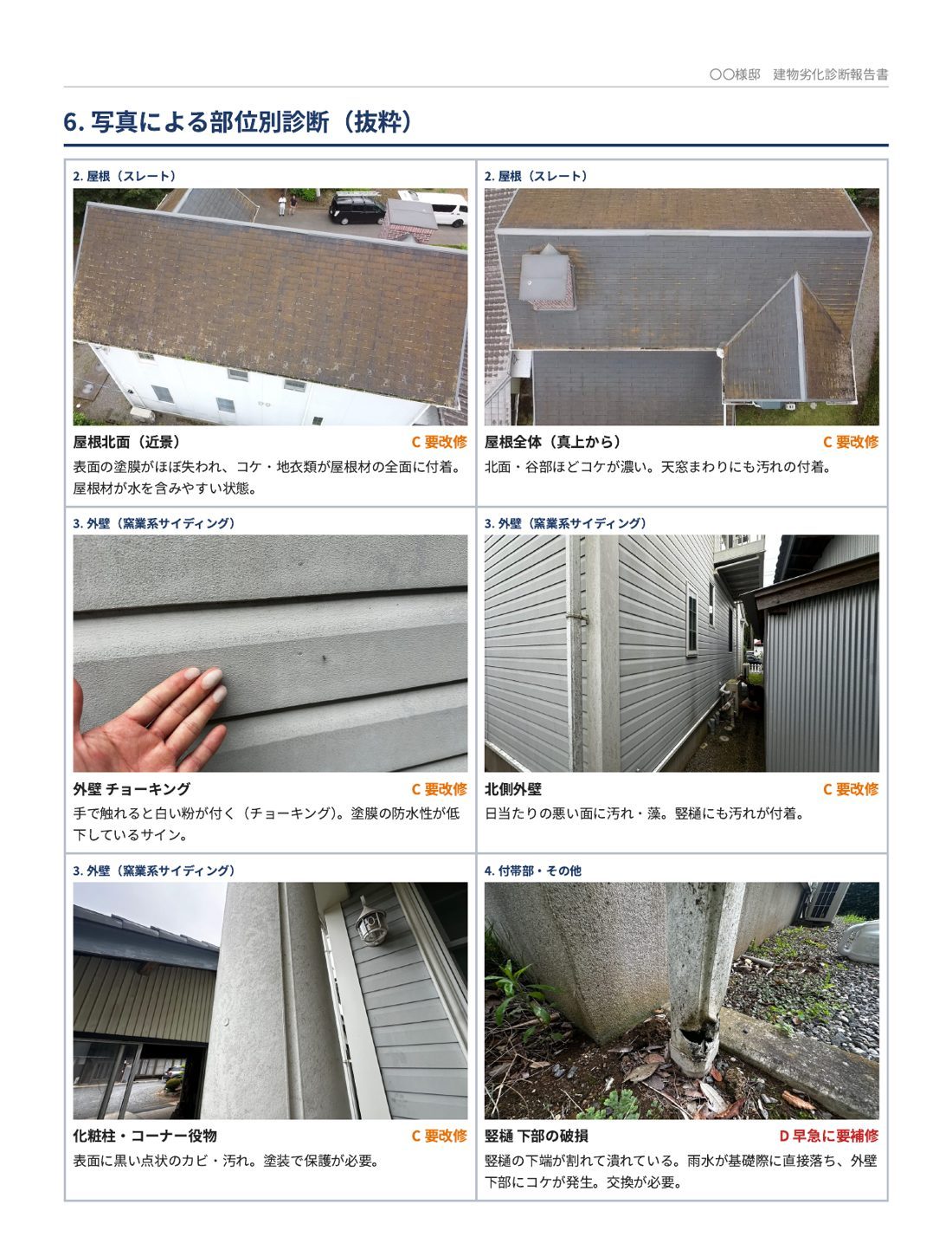 建物劣化診断報告書 戸建て 写真による部位別診断(ドローン空撮)