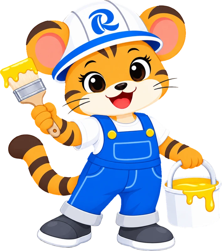 Rカラーペイントのキャラクター ヌリコちゃん(黄色のペンキと刷毛を持ったトラ)