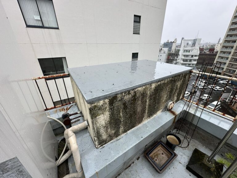北側の外壁にコケ・カビ・藻が出ている(土浦市のビル。黒カビに覆われた屋上の小屋の壁)