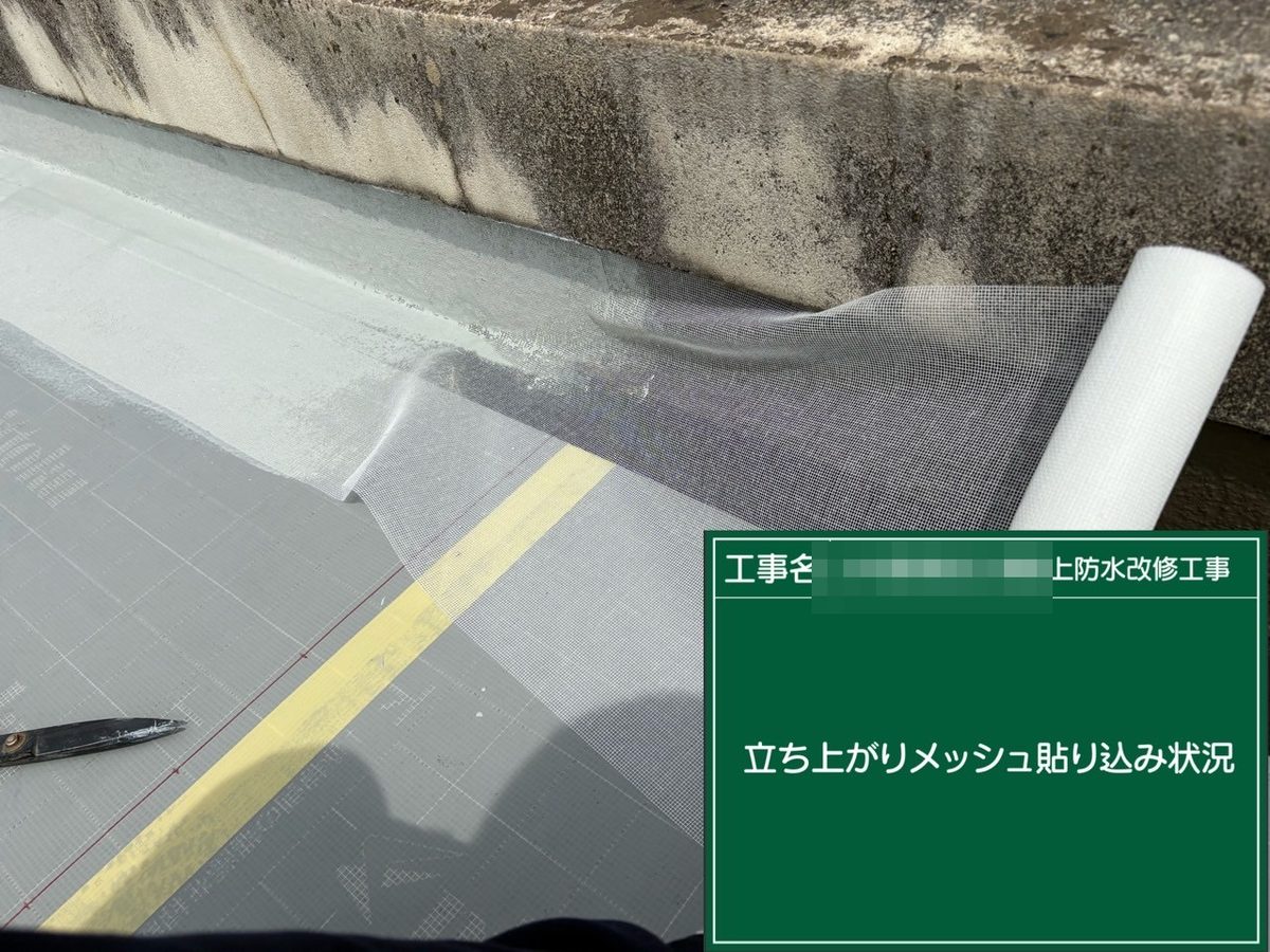 土浦市 屋上防水・鉄扉補修 立ち上がり メッシュ貼り込み